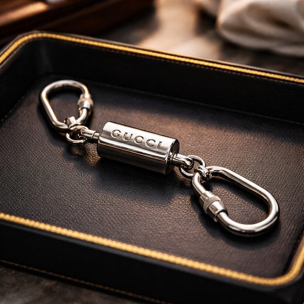 Gucci Double Carabiner Keychain Cylinder Logo Silver Tone Made in Italy
